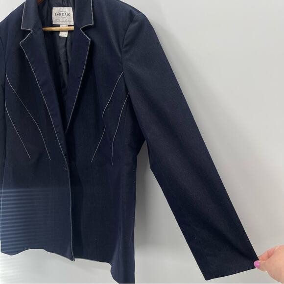 Oscar de la Renta Single Button Denim Colored Blazer With White Stitching 14 - Picture 2 of 8